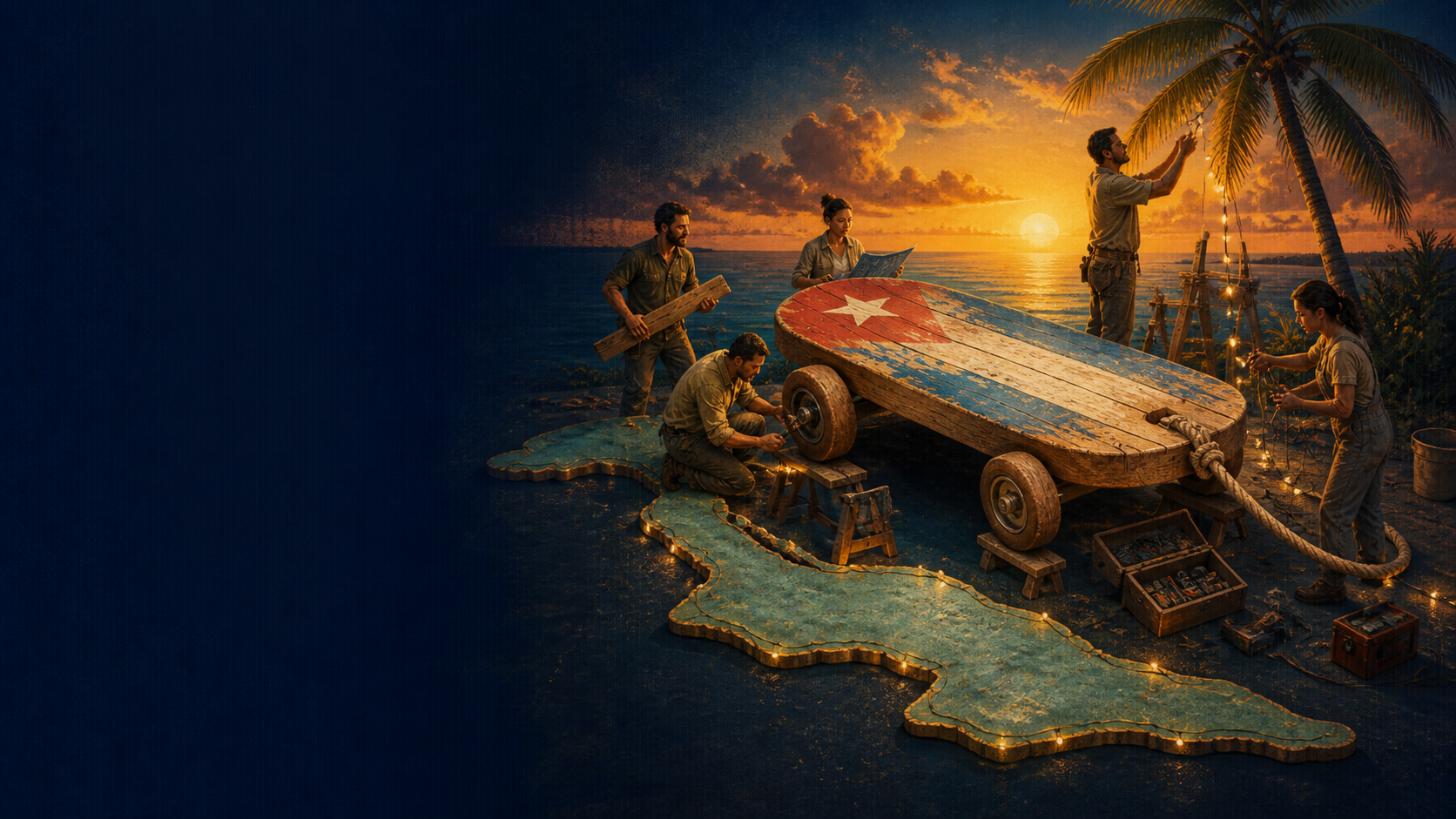 Artesanos y profesionales construyen una gran chivichana cubana al atardecer